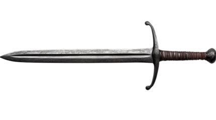 Steel Sword: A detailed image of a historical steel sword. Captured with striking detail. The dark metal blade gleams. The hilt features a brown grip and cross-guard.
