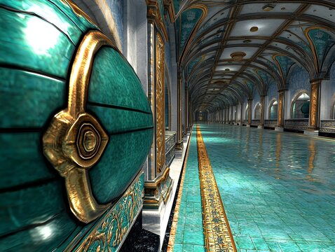Opulent Teal And Gold Hallway Interior