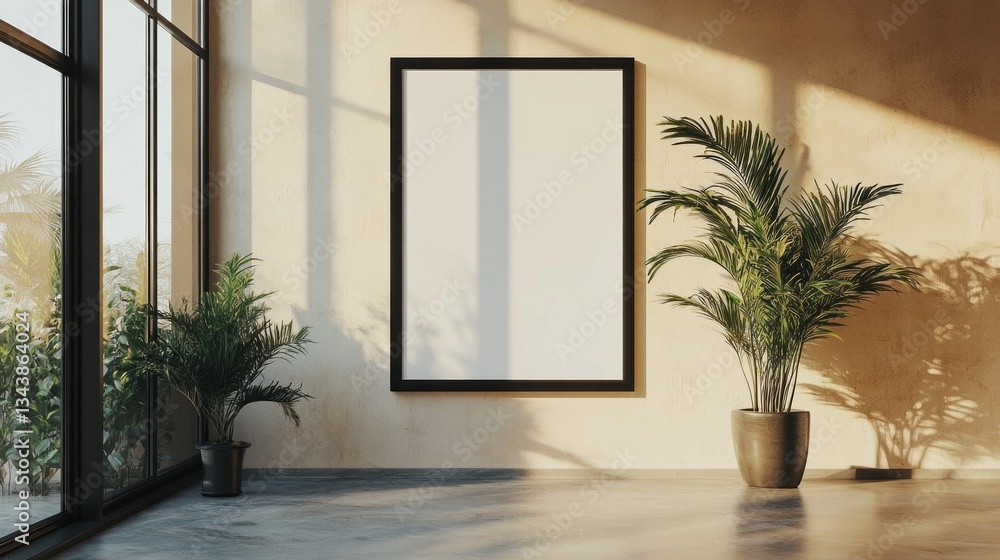 Poster Sunlight streams through large windows, casting soft shadows on a minimalist wall. Lush green plants stand beside a blank canvas, inviting artistic expression in a tranquil setting