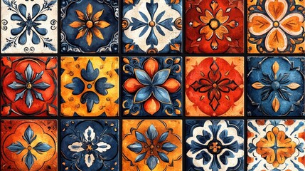Colorful decorative tiles arranged in a vibrant pattern showcasing floral designs