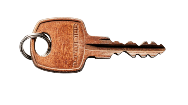 Copper Key: Close-up shot of a detailed copper key lying horizontally, highlighting its intricate design and metallic texture.