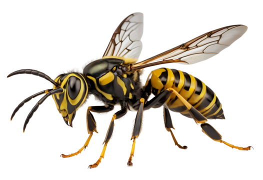 A large hornet with a black and yellow striped body, sharp mandibles, and translucent wings. The image captures the insect in a dynamic pose, isolated on a transparent background (PNG).