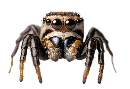 A close-up of a jumping spider with large, forward-facing eyes and a fuzzy body. The spider is shown in a curious pose, isolated on a transparent background (PNG), emphasizing its unique features.