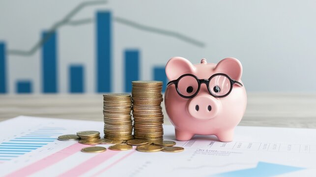Financial decision making, effective money management, strategic planning, and money allocation are illustrated by a piggy bank and coins on the table