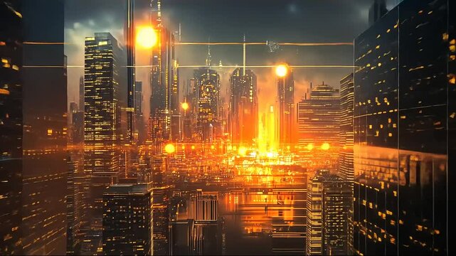 Futuristic Cityscape: Golden Hour in a Neon Metropolis
