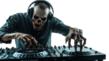 Undead DJ in Action: A skeletal DJ, headphones on and spectral fingers expertly manipulating the mixing console. This image blends the elements of music and the macabre