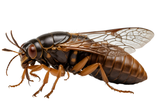 A cicada nymph with a brown, armored body and large front legs adapted for digging. The image showcases its unique texture and form, isolated on a transparent background (PNG).