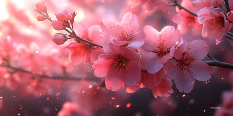 Delicate Pink Cherry Blossom Blooms Against a Soft Blurred Background