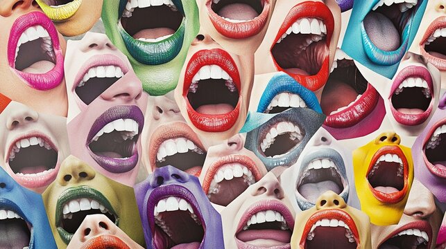 Vibrant pop art collage showcasing a diverse array of open mouths with bold, colorful lips expressing various emotions and attitudes in a dynamic visual composition