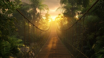 The enchanting sunrise that rises over a serene jungle suspension bridge is an invitation to adventure and investigation