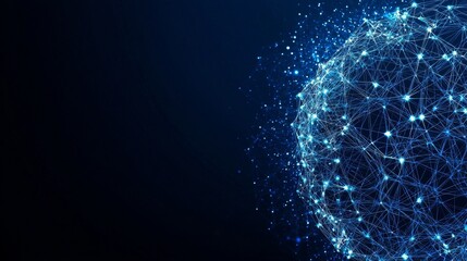 A dark background serves as the canvas for a glowing abstract network comprised of intricate lines and dots, signifying advanced digital technology and connectivity