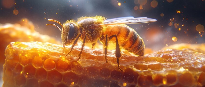 Honeybee on Honeycomb Working hard in the apiary with a dark background