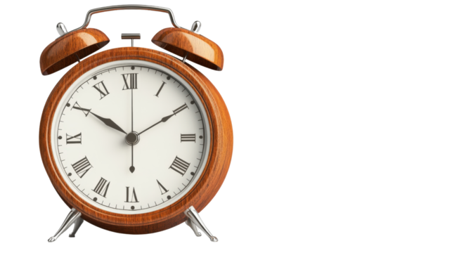 Vintage Alarm Clock: An elegantly designed, antique alarm clock, crafted from polished wood, rests on a table. Its classic face and intricate Roman numerals evoke nostalgia.