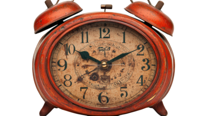 Vintage Alarm Clock: An antique red alarm clock stands proudly, its aged face and classic design evoke a sense of nostalgia, time and history.