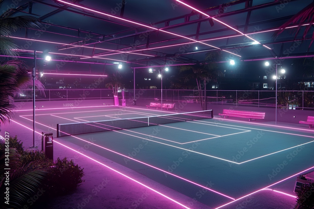 Poster a high-tech pickleball court with holographic elements is depicted in a futuristic digital illustrat
