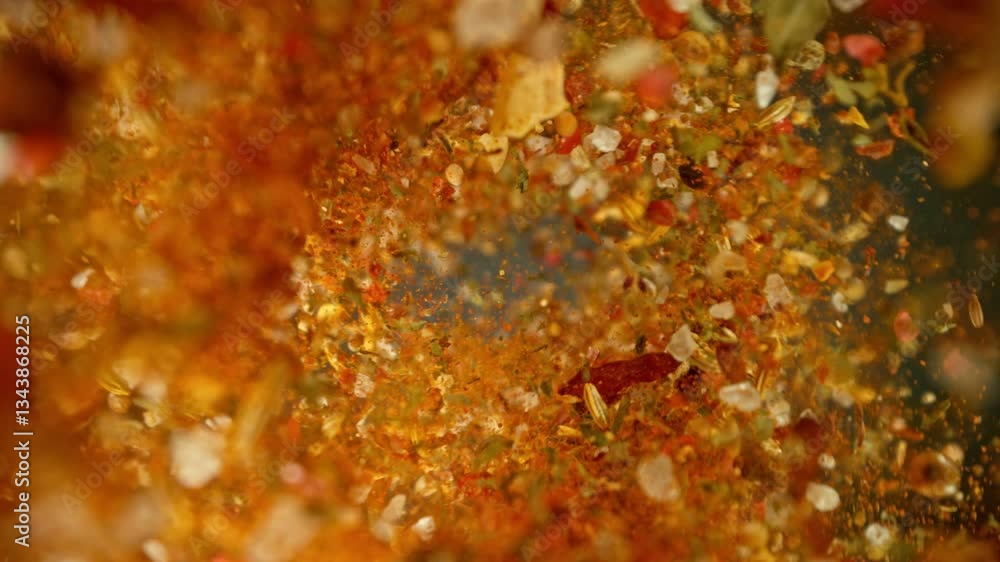 Poster super slow motion of rotating spices mix on black background. ultimate realistic twister motion, stu