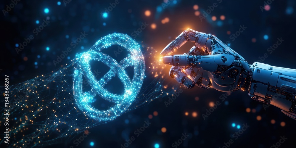 Poster unlimited internet data usage and speed connection in cyberspace with futuristic ai hand and infinit