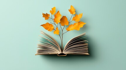 Literary Growth: An open book serves as a foundation, from which delicate golden leaves sprout, symbolizing the enriching power of knowledge and the beauty of growth