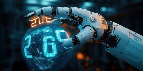 Futuristic Robotic Arm 2025 Digital Art Technology Innovation Engineering Machine Globe Connectivity