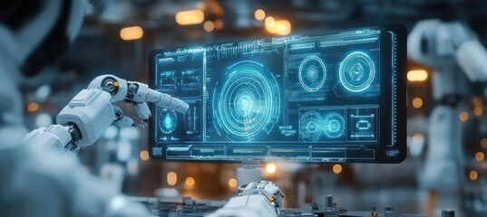 Engineer Monitoring Robotic AI Arms in High-Tech Manufacturing Lab with Holographic Interface for Innovation and Analysis