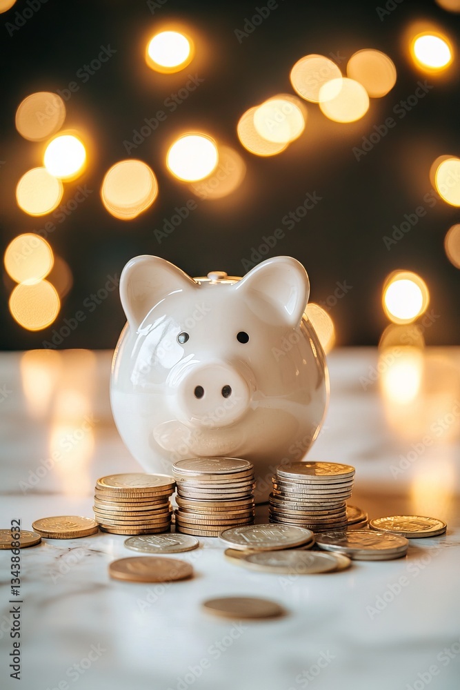 Poster the table features coins and a piggy bank, embodying the concept of saving for retirement through in