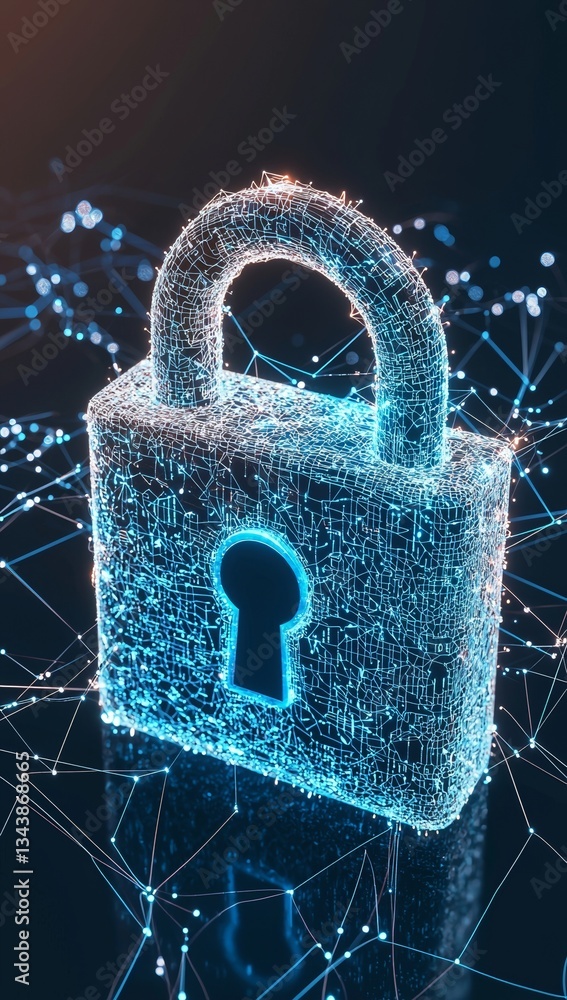 Poster in the background of a cyber network data stream, a blue lock icon is featured to convey the idea of