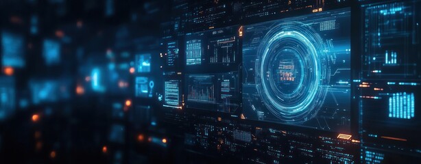 Obraz premium Futuristic Digital Interface Holographic Graphics Data Analysis AI Technology Finance Investment Growth Cyberspace Banner