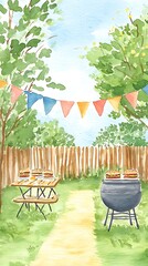 Watercolor Painting of a Backyard BBQ Summer Picnic Scene with Burgers and Festive Bunting.
