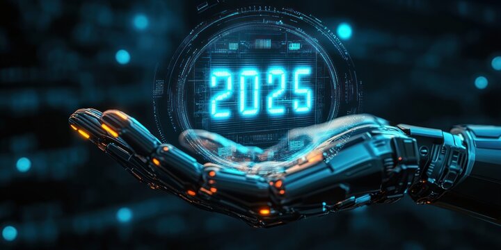 AI robotic hand holding 2025 new year vision digital technology concept cyberpunk futuristic innovation in cyberspace
