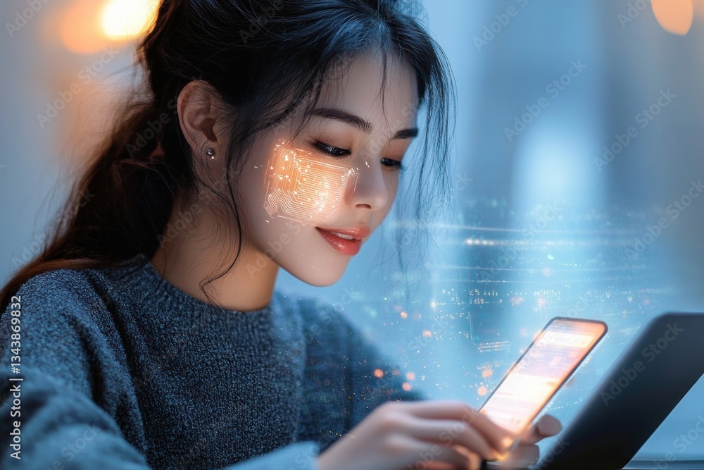 Poster woman using technology to unlock smartphone with facial recognition security for accessing financial