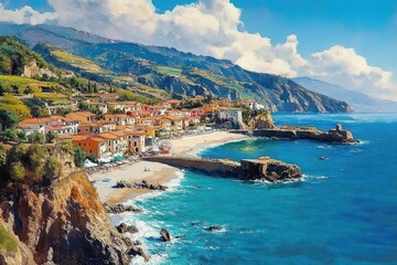 Fototapeta premium Vibrant Coastal Village Ponta do Sol Cliff Beach Ocean Sunrise Resort