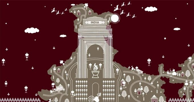 india map, india gate delhi, tribal kalcher, warli art map design, drawing , kachindo art, graphic design vector illustration sun