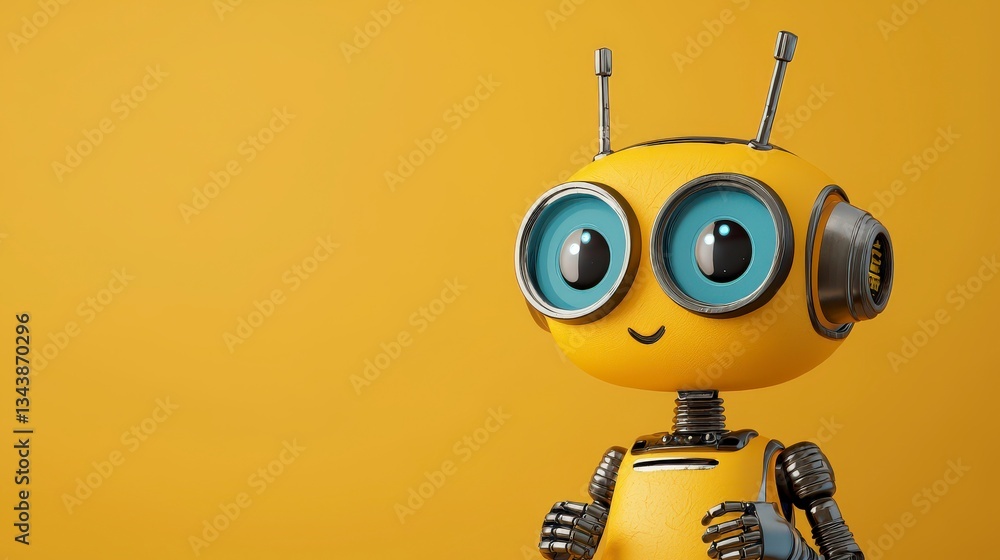 Poster cheerful robot with thumbs up: a charming and friendly robot character with a smiling face gives a t