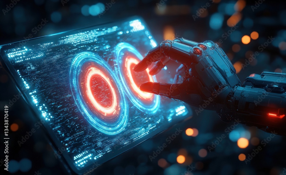 Poster futuristic robot hand holographic interaction with infinity symbol and dynamic cyberpunk scene
