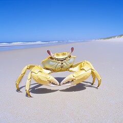 Pale Yellow Crab on Sandy Beach Under Bright Sunlight