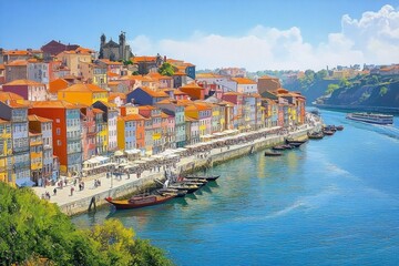 Obraz premium Vibrant Riverscape of Porto with Colorful Buildings and Lush Greenery