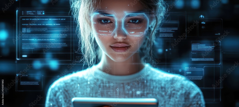 Poster futuristic cyberpunk interface with ai chatbots and mobile technology for business planning and inve