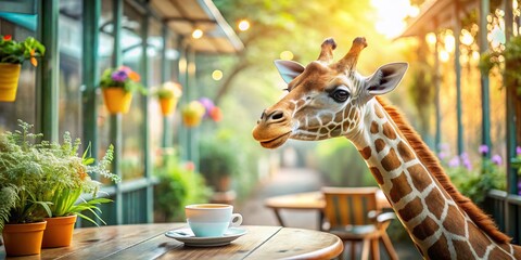 Obraz premium Cute Giraffe Sipping Coffee at Outdoor Cafe - Double Exposure Stock Photo