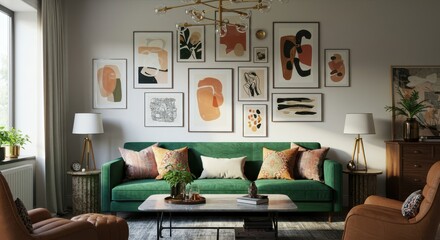 Cozy Living Room with Green Sofa and Gallery Wall Art