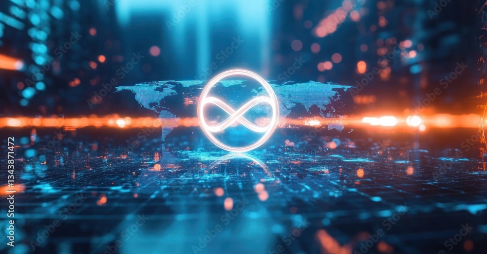Poster infinity connection data technology storage cloud computing digital network global cityscape analysi
