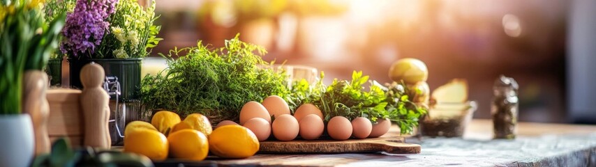 Fresh Farm Ingredients on a Rustic Kitchen Table with Natural Light