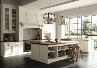 Fototapeta premium Modern Classic Kitchen, Sunlight, Country View, Interior Design, Family Home, Spacious