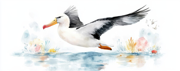 Obraz premium Watercolor illustration of an albatross soaring above the ocean with wings spread wide, surrounded by marine elements on a white isolated background