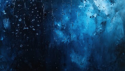 Obraz premium Abstract blue water droplets on dark textured glass.
