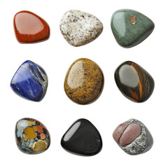Beautiful Assortment of Polished Gemstones on a white background.