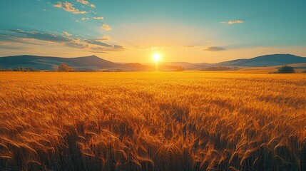 Obraz premium Golden wheat field at sunset with mountains in the background, serene landscape