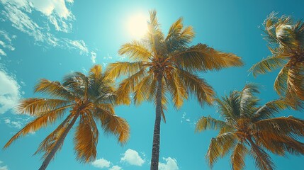 Lush palm trees sway under a bright sun against a clear blue sky