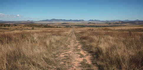 A seemingly boundless gravel road extends to the horizon, accompanied by desolate terrain and far-off peaks, personifying isolation and beckoning daring discovery within the serene clasp of nature