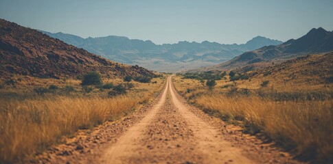 Fototapeta premium A gravel road without end reaches out to the horizon, flanked by harsh terrain and mountains in the distance, representing solitude and calling to those who dare to venture into nature's calm and