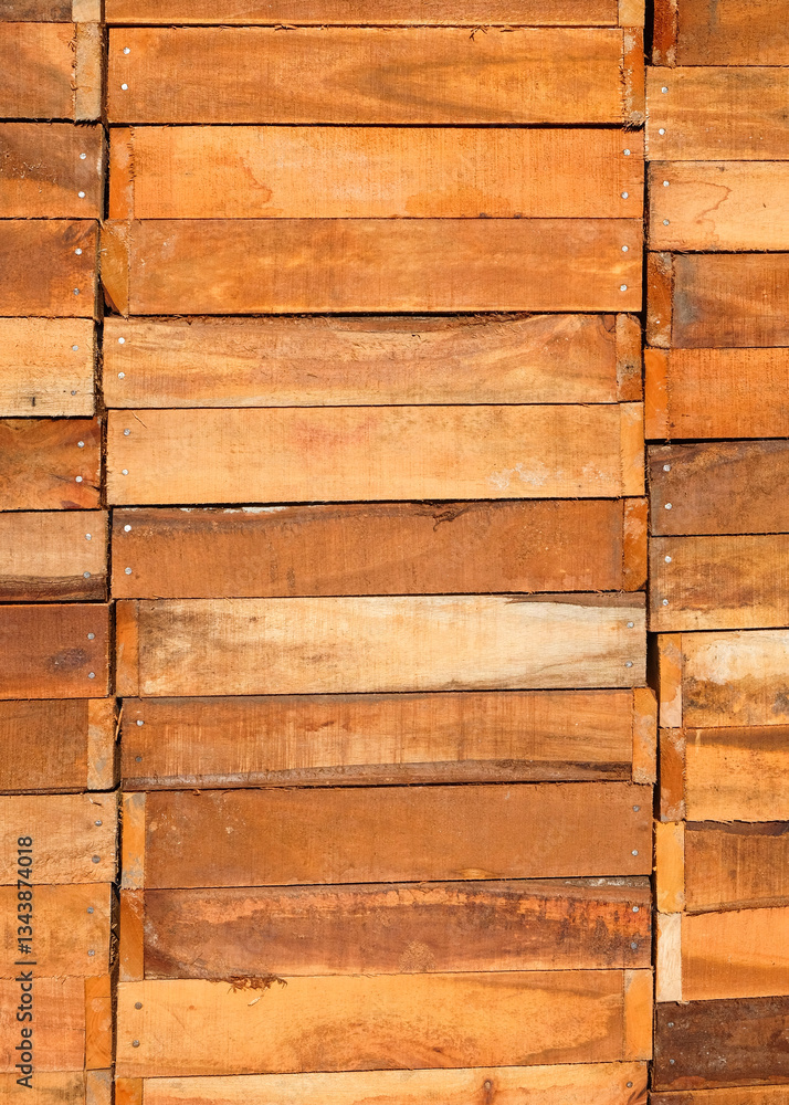 Poster vertical background pattern and texture of pile of brown wooden boxes.for graphic design,3d renderin